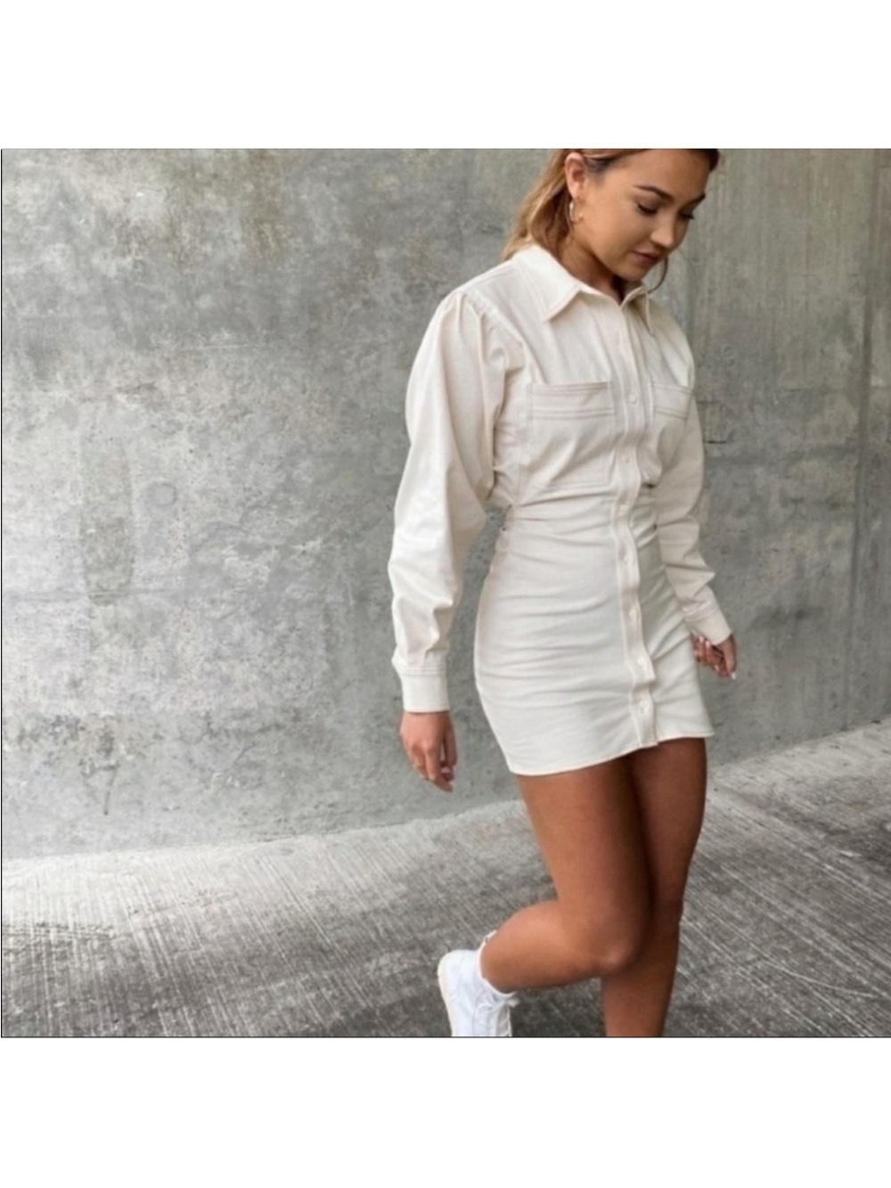 Zara Cream Twill Button-Front Long Sleeve Shirt Dress Size XS